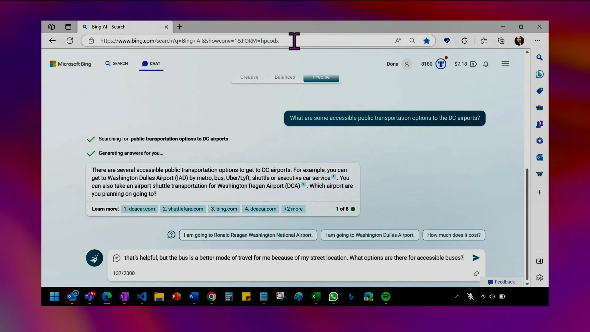 The_new_bing The new Bing powered with OpenAI's ChatGPT. In this example, a wheelchair user is asking for accessible public transport options to DC airport.
